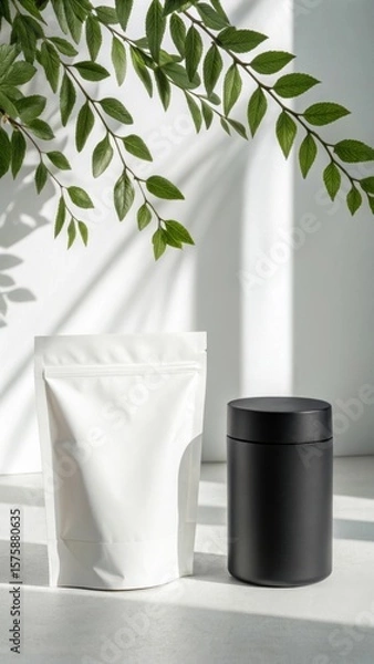 Fototapeta Minimalist product display featuring a white pouch and a black container with natural green foliage and soft shadow effects