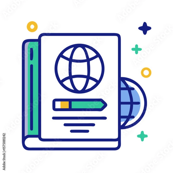 Fototapeta Flat icon of geography book with globe, representing education, world knowledge, learning material and global awareness, no background
