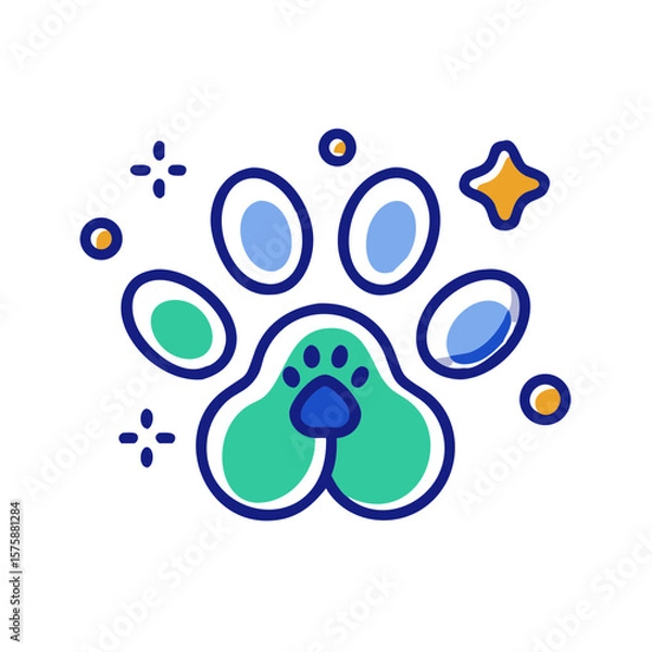 Fototapeta Flat icon of paw print with stars and circles, representing animal branding, pet identity, decorative symbol and wildlife mark, no background

