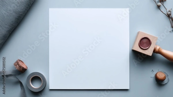 Fototapeta Blank White Paper with Stamp, Tape, and Decorative Elements on Soft Blue Background Ideal for Creative Projects, Invitations, and Artistic Designs