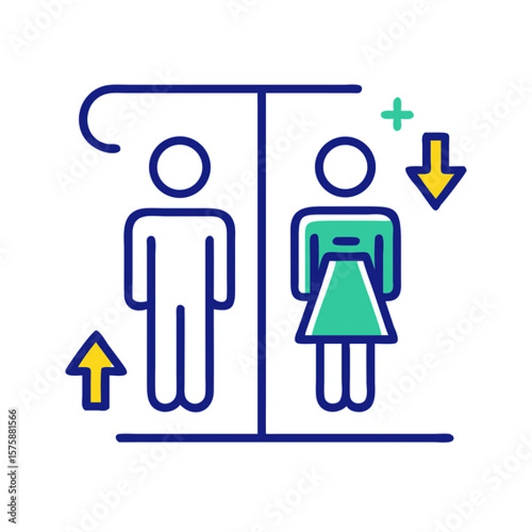 Fototapeta Flat infographic of male and female figures with arrows, representing gender comparison, balance ratio, population difference and diversity data analysis, no background
