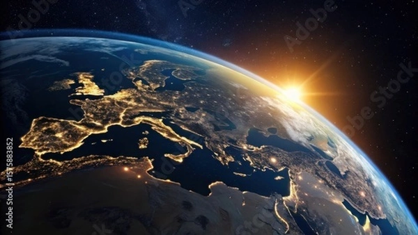 Fototapeta A breathtaking view of earth from space as the sun rises over europe illuminating the continent s vibrant city lights