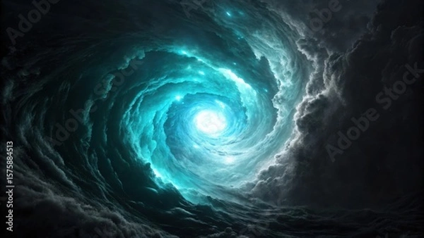 Fototapeta A mesmerizing vortex of glowing turquoise clouds swirling into a bright luminous center