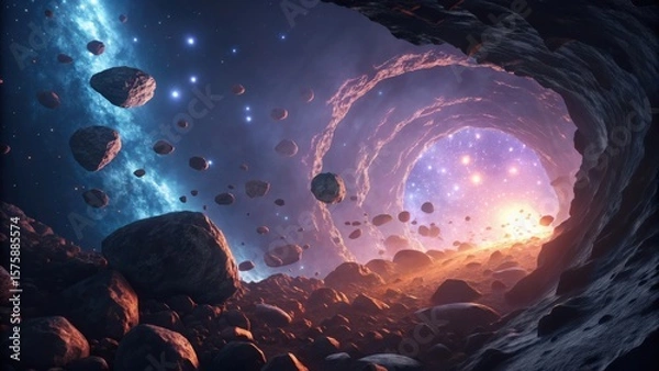 Fototapeta A breathtaking view from a rocky cavern looking out into a vibrant nebula filled with stars and floating asteroids