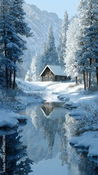 Fototapeta Snow-covered cabin reflects in serene stream surrounded by tall pine trees in peaceful winter landscape