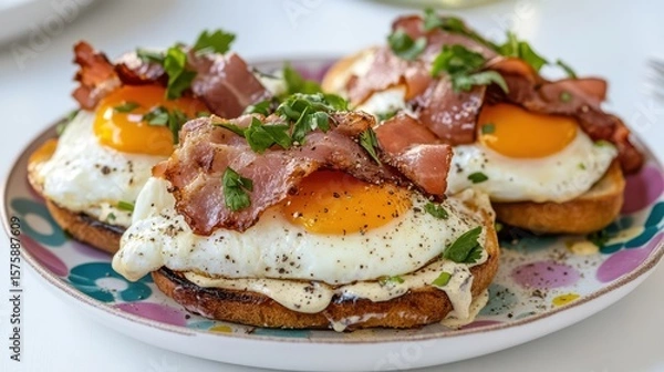 Obraz Delicious Breakfast Plate with Eggs Crispy Bacon and Fresh Tomatoes Served