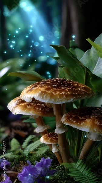 Fototapeta Mushrooms growing in a magical forest setting illuminated by soft light with shimmering particles in the air