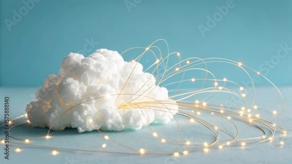 Fototapeta A fluffy white cloud illuminated by delicate golden fairy lights creating a magical and ethereal atmosphere
