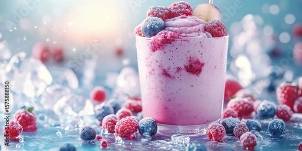 Fototapeta Refreshing raspberry smoothie served in a clear glass with ice and fruit on a colorful background