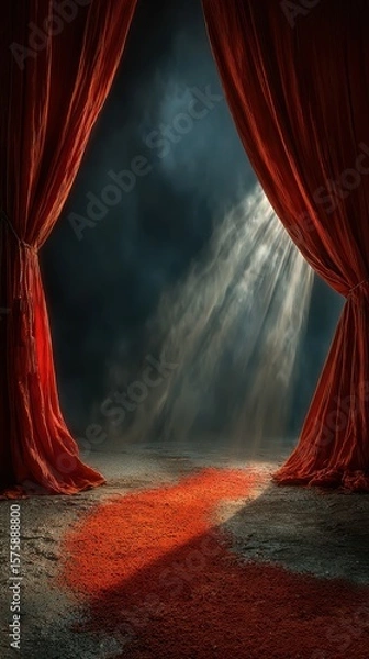 Fototapeta Red curtains frame a spotlight shining on a velvet carpet in an atmospheric theater setting