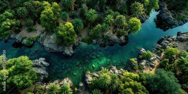Fototapeta Captivating aerial view of lush greenery and tranquil river in a serene natural landscape