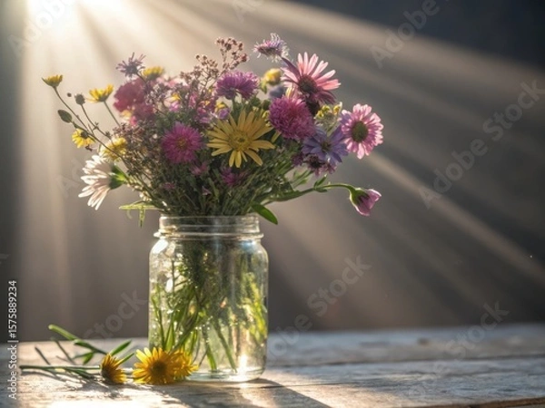 Fototapeta A vibrant bouquet of wildflowers in a glass jar bathed in soft ethereal sunlight creating a serene and natural ambiance