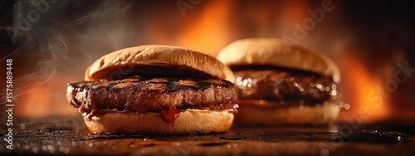 Obraz juicy grilled steaks burgers ( served in a bun ) . aspect ratio 8:3