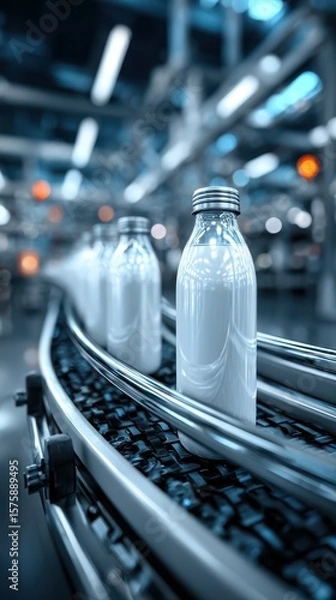 Fototapeta Production line for bottling milk operates in a modern factory during the day with bottles moving on a conveyor system