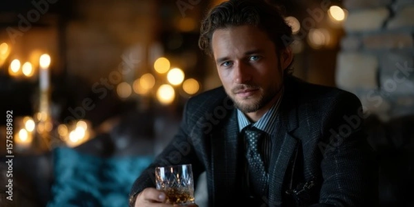 Fototapeta Stylish man enjoying a drink in a cozy, illuminated lounge on a winter evening
