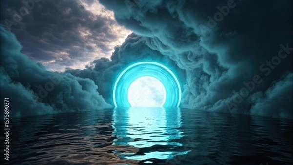 Fototapeta A surreal glowing portal emerges from stormy clouds over a dark rippling ocean surface