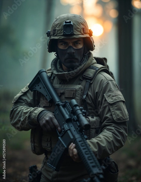 Fototapeta Armed Soldier in Camouflage Gear in a Forest