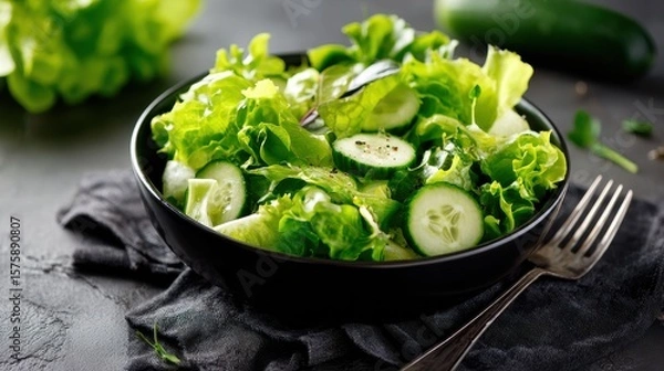 Fototapeta Fresh Green Salad with Crisp Cucumber Slices and Vibrant Leafy Greens Served in a Bowl on a Dark Surface with a Fork Beside It