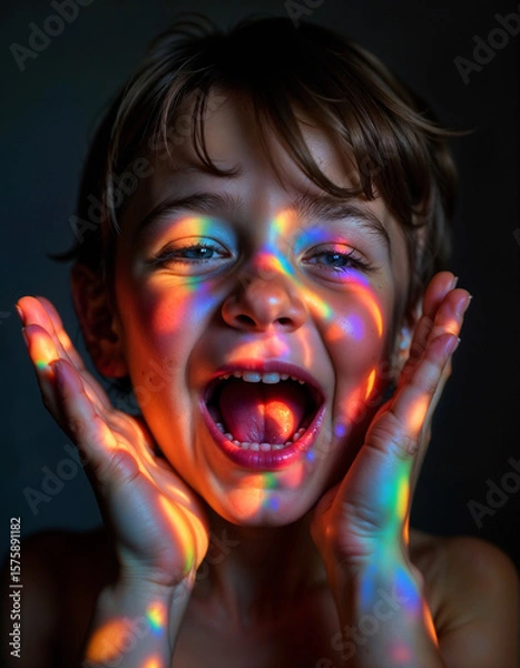 Fototapeta Joyful Child with Rainbow Light on Face