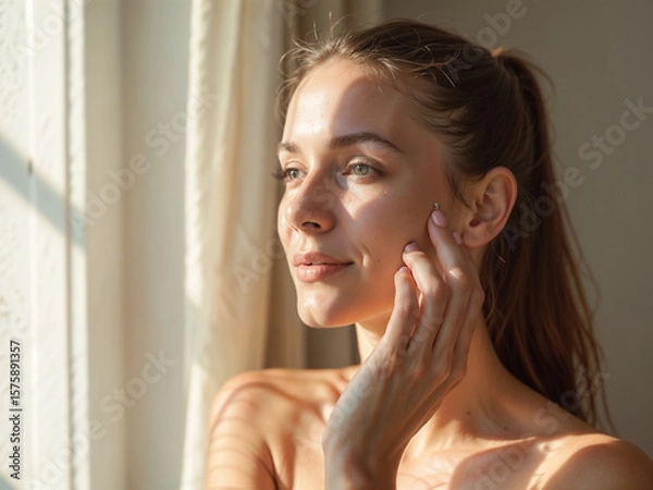 Fototapeta A serene woman enjoys sunlight from the window, highlighting her natural features and graceful expression. The moment exudes tranquility, warmth, and appreciation of a peaceful environment