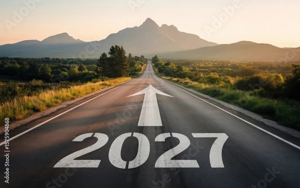Fototapeta New year 2027 written on the road in the middle of asphalt road at sunset. Concept of planning , challenge,