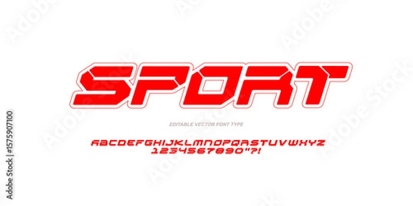 Fototapeta Sports font type with futuristic red bold letters and numbers, geometric text design for sports logos, dynamic typography for branding with energetic abbreviations - editable vector font
