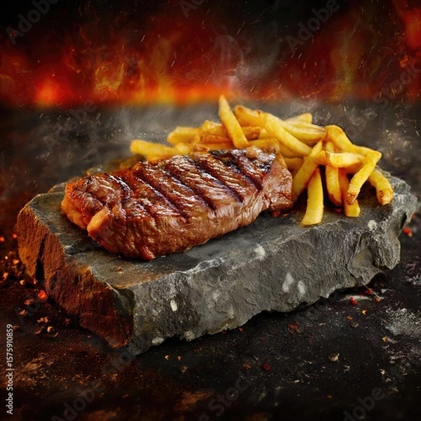 Fototapeta juicy grilled steak served on a stone slab plate with french fries . aspect ratio 1:1