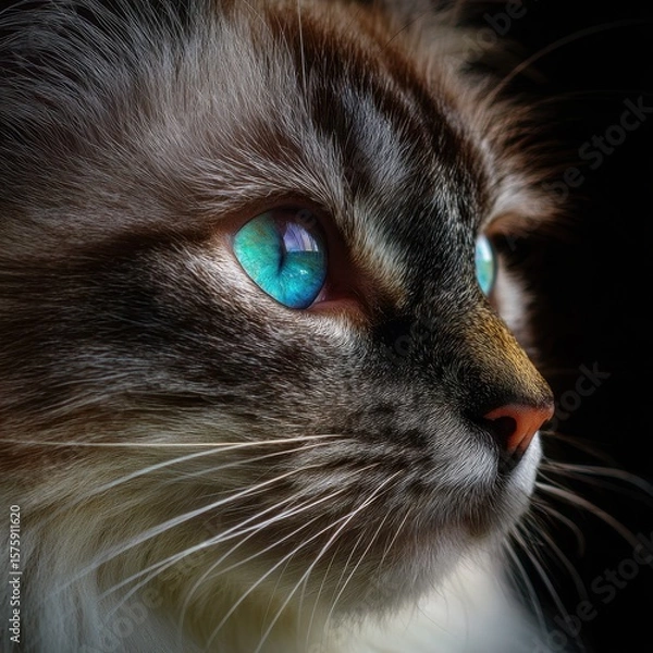 Fototapeta Captivating feline gaze illuminated by softly diffused light in an intimate indoor setting showcasing striking blue eyes