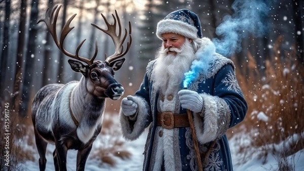 Fototapeta Santa Claus interacting with reindeer in snowy forest with magical spark
