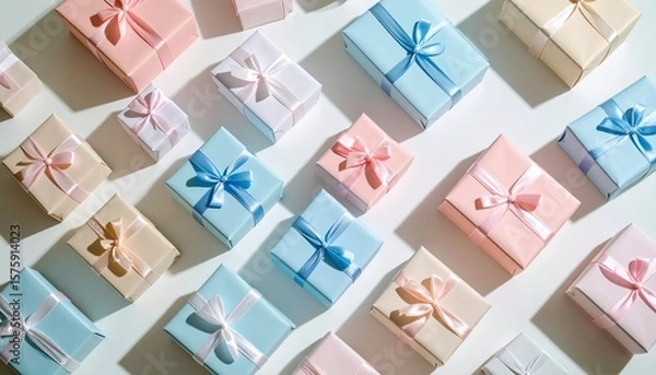 Obraz Pastel-wrapped gift boxes scattered across a cream-toned surface, arranged in minimalist composition with soft drop shadow