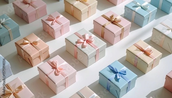 Obraz Pastel-wrapped gift boxes scattered across a cream-toned surface, arranged in minimalist composition with soft drop shadow