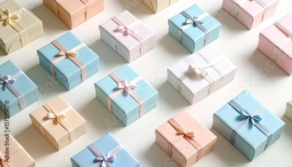 Obraz Pastel-wrapped gift boxes scattered across a cream-toned surface, arranged in minimalist composition with soft drop shadow