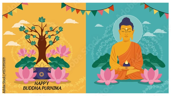 Fototapeta Colorful Buddha Purnima Vector Illustration with Bodhi Tree