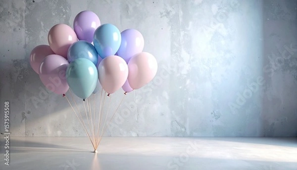 Obraz Gradient pastel balloons resting gently on matte concrete with delicate shadows and smooth diffused lighting from the side. 