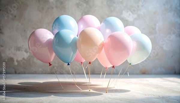 Obraz Gradient pastel balloons resting gently on matte concrete with delicate shadows and smooth diffused lighting from the side. 