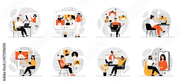 Fototapeta Bundle of Video Conference and Call concepts with people scene in flat cartoon design. Collection work with men and women. Business people . Vector illustration