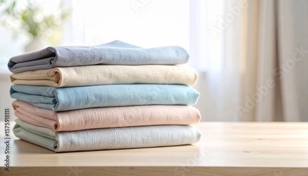 Obraz Delicate folded fabrics in soft pastel gradients, cascading over edge of a table with natural light casting faint linen texture. 
