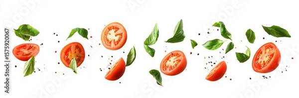 Fototapeta sliced tomatoes and basil leaves flying in the air on a transparent background