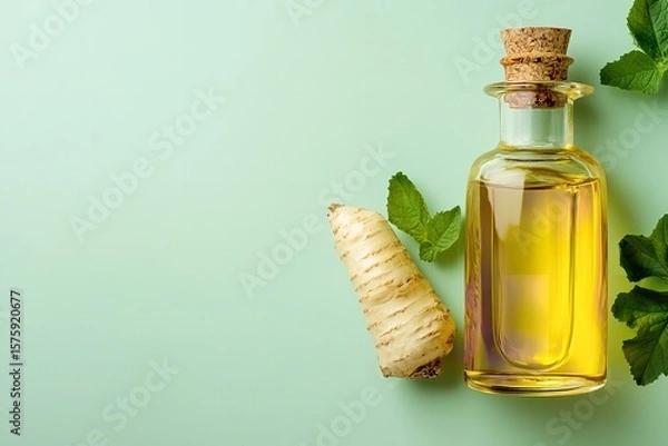 Obraz Horseradish over pale green setting with horseradish essential oil in tiny bottle depict opulence nature gain items and medical lovely hue, Generative AI.