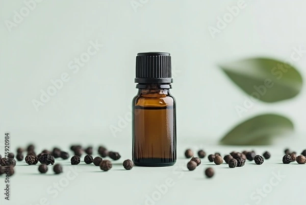 Obraz Black peppers over pale green setting with pepper essential oil in tiny bottle depict opulence nature gain items and medical lovely hue, Generative AI.