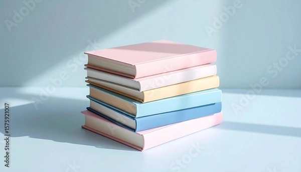 Obraz Stack of pastel-toned books with worn spines, resting on a powder blue surface under moody indirect daylight.