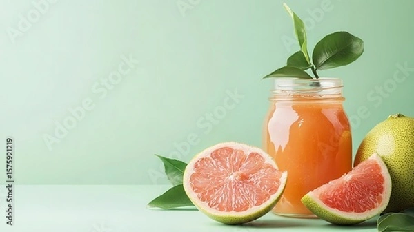 Obraz A jar of pomelo jam with chunk of pomelo fruit over pale green setting depict notion of seasonal fruit and healthy diet for fun hue, Generative AI.