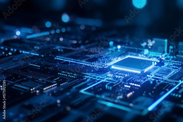 Fototapeta High-performance ultra-efficient microprocessor integrated circuit board glowing in futuristic digital environment for advanced high-speed computing, AI processing, data center optimization.