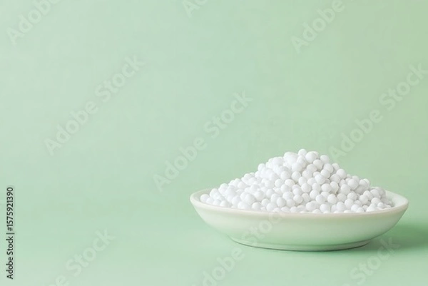 Obraz A tiny dish with white polymer beads over pale green setting that depicts the creation of initial supplies and their usage in trade, Generative AI.