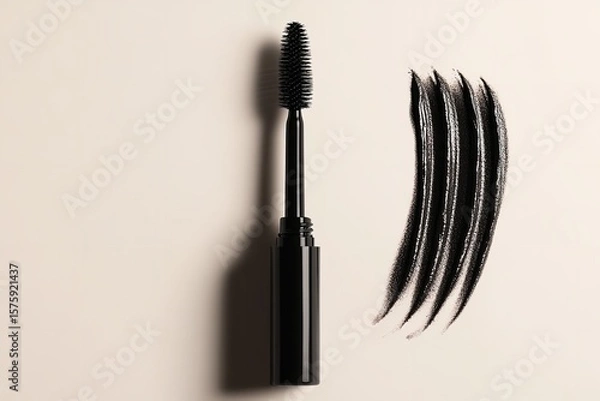 Obraz Attached to black tiny line of mascara swatch over pale beige setting is black mascara brush poise erect tiny applicator lovely hue, Generative AI.