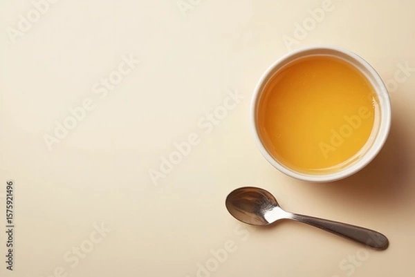 Obraz A pale beige setting depict dish of honey butter sauce and metal spoon depict notion of sweet condiments and useful delish food, Generative AI.