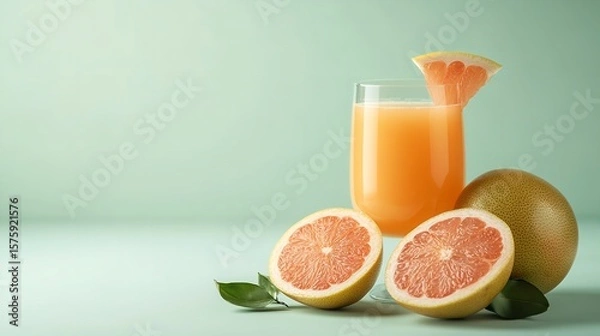 Obraz A glass of pomelo juice with chunk of pomelo fruit over pale green setting depicts notion of seasonal fruit and healthy diet for fun, Generative AI.