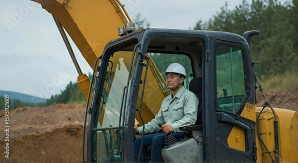 Obraz ショベルカーを操作する熟練の重機オペレーター、建設現場で精密なコントロールを行うプロフェッショナルな姿、ヘルメットと作業着を着用した真剣な表情の男性技術者 - 生成AI