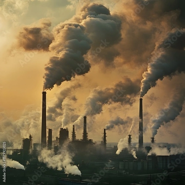 Fototapeta Industrial smokestacks emitting pollution at sunset in urban landscape