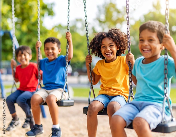 Obraz children are playing in the playground riding on the swings